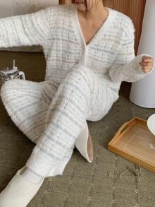 DAZY 格子图案宽松长袖针织上衣和裤子两件套睡衣，女士秋冬保暖舒适睡衣