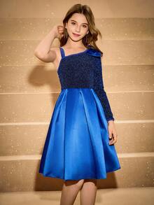 Tween Girl Elegant Elegant Luxurious Navy Blue Metallic Thread Single Sleeve Bow Satin Pleated Slim Fit Formal Dress - Royal Blue - View 5