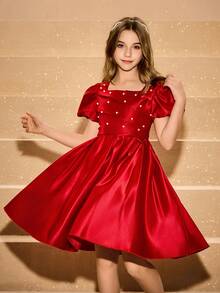 Tween Girls' Square Neck Puff Sleeve Pleated Rhinestone Elegant Halloween Christmas Party Dress - Red - View 5