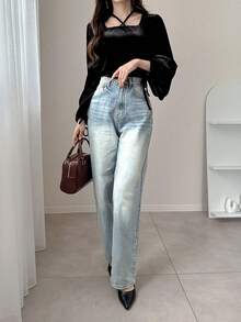 FRIFUL Women's Square Neck Criss-Cross Tie Neck Lantern Sleeve Solid Color Sweet Velvet T-Shirt - Black - View 2