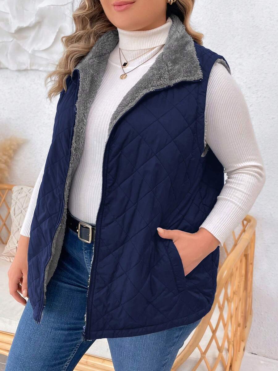 SHEIN LUNE Áo khoác mùa đông lót nhiệt không tay màu trơn có khóa kéo phía trước dành cho nữ cỡ lớn - Màu xanh hải quân - Xem 1