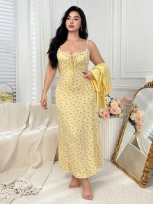 Dazy Plus 2pcs/Set Elegant Ditsy Floral Fitted Camisole Maxi Nightgown & Solid Color Cardigan Sleepwear Set, Plus Size