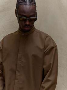 Musero Oversized Long Line Basic Hidden Placket Grandad Collar Jacket Fall SPRING SUMMER - Brown - View 2