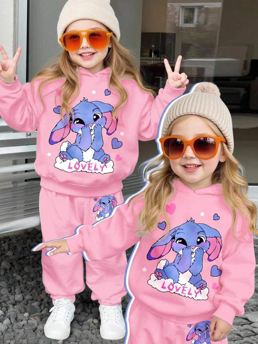 SHEIN Conjunto de 2 peças/conjunto de moletom e moletom com capuz e calça de moletom, fofo, desenho animado, coelho azul, Lulu, menina, ajuste solto, confortável, casual, adequado para outono/inverno, estilo esportivo casual, piquenique ao ar livre, fotografia de rua, roupa para casa - Multicolorido - Ver 1