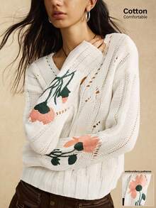 Easelle Casual Floral Embroidered Hollow Knit Sweater, Autumn Wool Pattern Autumn And Winter Sweater V-Neck White Embroidered Pattern
