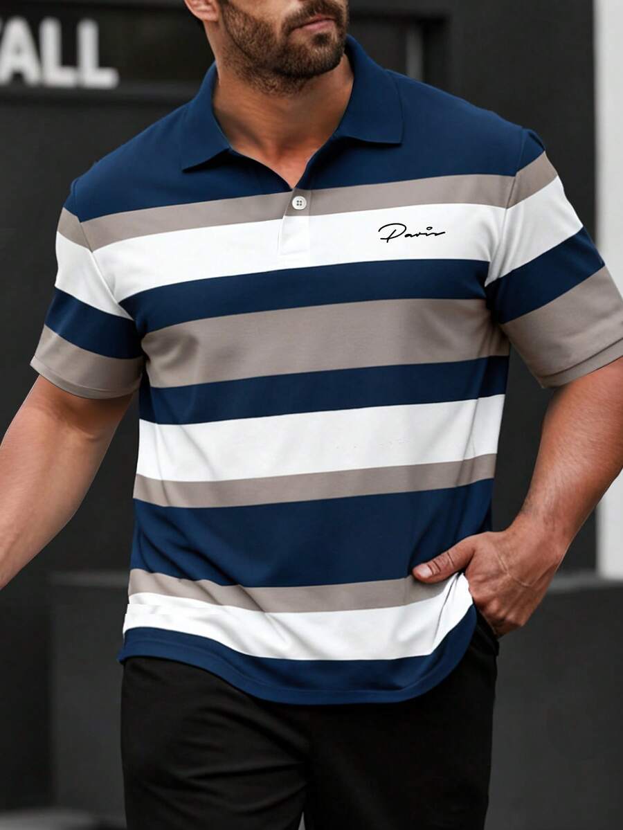 Manfinity Homme 大码男士条纹短袖休闲/商务 Polo 衫 - 彩色 - 查看 1