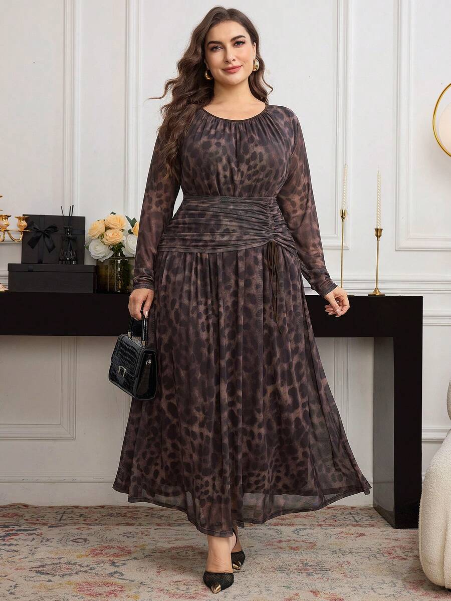 Modelyn Gaun Rajut Panjang Elegan Motif Leopard dengan Detail Kerut untuk Wanita Ukuran Plus (Musim Gugur) - Hitam - View 1