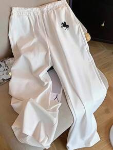 SHEIN EZwear Women's Casual Vacation Wide Leg Pants, Small Logo Embroidery,Fall - White - View 3