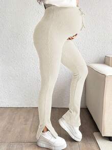 SHEIN Pregnant Women's Ribbed Skinny Slit Pants - Apricot - View 8