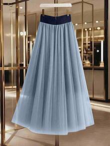 GlowEve 女士优雅网眼拼布纽扣装饰休闲通勤裙 - 淺藍色 - 查看 2