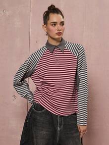 COUREZ Asymmetric Splice Stripe Rugby Polo /Y2K Fall Winter Clothes For Women Going Out Tops Pink Top Winter Tops Multicolor Striped Shirt
