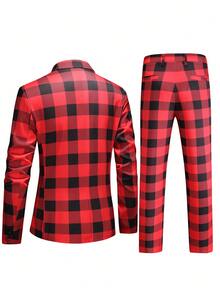 Calvornis Men's Plaid Print Long Sleeve Suit Jacket And Pants Set,2 Pieces Slim Fit Casual Leisure Suits,Red And Black,Summer,Elegant,Party,Christmas Costumes - Red - View 2