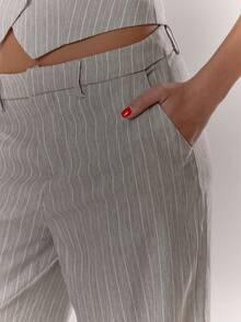 MUSERA 灰色条纹阔腿西装裤，优雅可爱性感街头风，适合秋季、夜晚外出和春季穿着。 - 灰色 - 查看 6