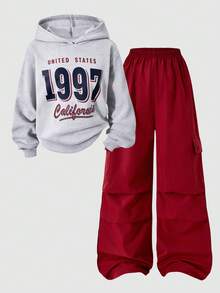 SHEIN 两件套：少女1997加州字母印花连帽卫衣+红色工装裤，休闲街头风穿搭，秋冬款 - 彩色 - 查看 4