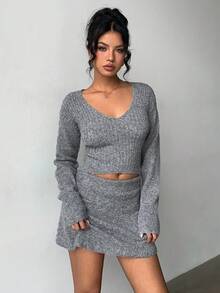 Flirla Jeanoir Two Pieces Sweater Cardigan And Sweater Skirt Set, Casual Ladies Sweater Set - Grey - View 5