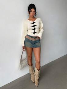 Jeanoix Damen Kontrast-Farbmuster Langarm Strickpullover