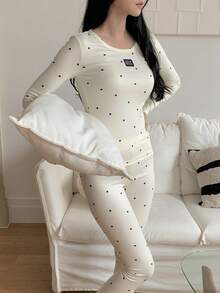 DAZY 2 件女式波尔卡圆点印花修身长袖上衣和裤子睡衣套装，秋冬睡衣秋季衣服 - 白色 - 查看 5