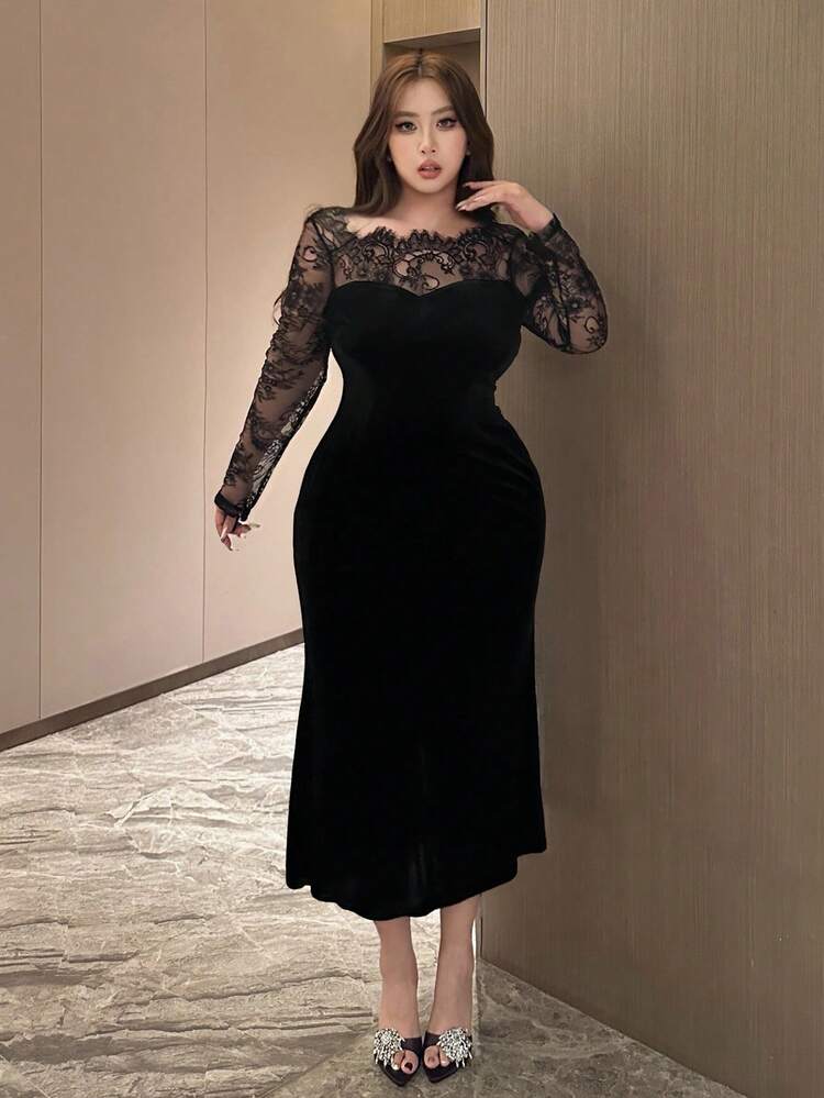 Dazy Plus Plus Size Women's Velvet Contrast Lace Bodycon Party Dress, Sexy & Stretchy For Dates Prom Dress Elegant Women Dresses Valentine's Day Dress