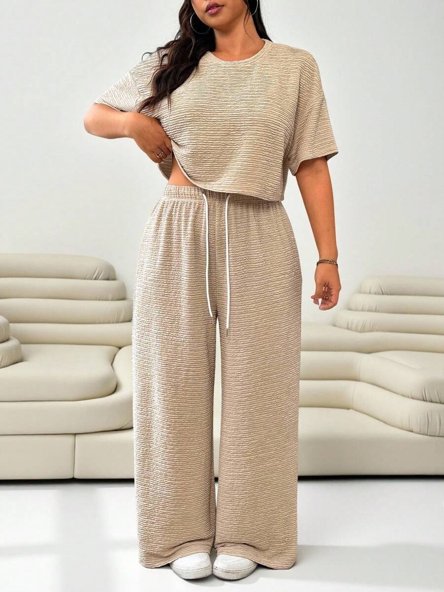 Solflare 2件套大码女式杏色落肩上衣和抽绳腰裤休闲套装