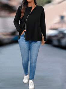 SHEIN PETITE CURVE Áo thun nữ cổ tròn tay dài màu trơn có khóa kéo phía trước cỡ lớn - màu đen - Xem 3