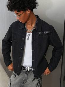 Manfinity ZONE917 Men Premium Washed Black Embroidered Denim Long Sleeve Jacket, Spider Dark Wash Grunge Jacket - Black - View 2