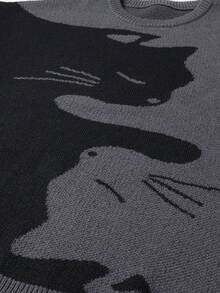 Chillumni Áo len cổ tròn họa tiết mèo Colorblock thường ngày cho nam, Thu/Đông - Màu xám đen - Xem 3