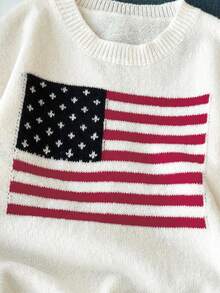 SHEIN Autumn/Winter New American Flag Print Knit Sweater, Long Sleeve Loose Fit Collegiate Style Knitwear Top For Women & Teens Usa Sweatshirt Kids Sweater Tween Fourth Of July Sweatshirt American Flag Sweater Fourth Of July Clothes Forth Of July Clothes Teen Knit Girls Sweate Long Sleeve Top For TeenTeen Women Knitted Girl Clothes Autumn And Winter Clothes Cropped Sweater Tween Girl Clothes Sweater Girl Clothes Autumn And Winter Clothes Pink Sweater For Girls Sweater For Tweens American Flag Sweatshi - White - View 4