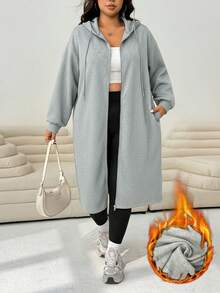 Solflare 浅灰色加大码女式休闲拉链连帽长袖保暖内衬长夹克长款灰色开衫超大拉链连帽衫女式秋季时尚灰色连帽开衫长款连帽衫，女式秋季服装 - 淺灰色 - 查看 1