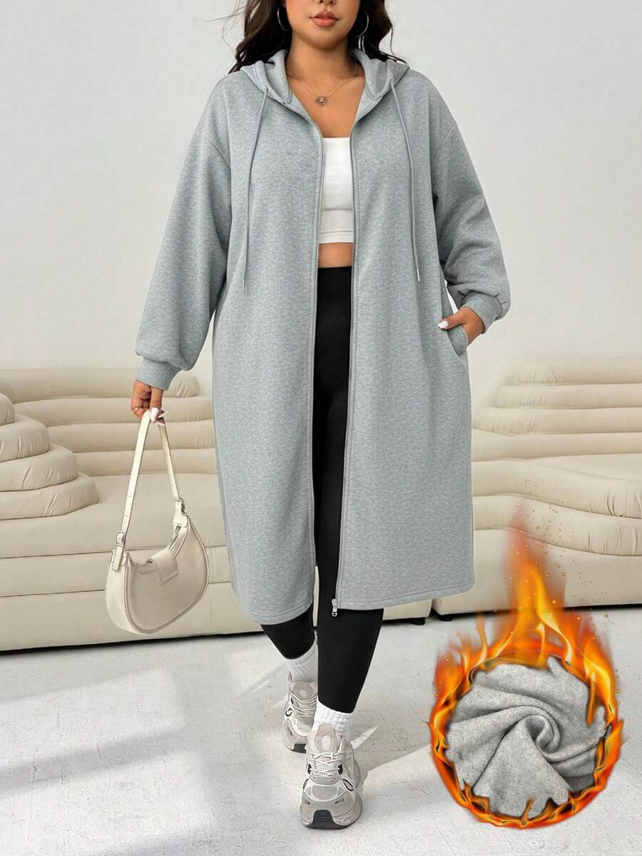 Solflare 浅灰色加大码女式休闲拉链连帽长袖保暖内衬长夹克长款灰色开衫超大拉链连帽衫女式秋季时尚灰色连帽开衫长款连帽衫，女式秋季服装 - 淺灰色 - 查看 1