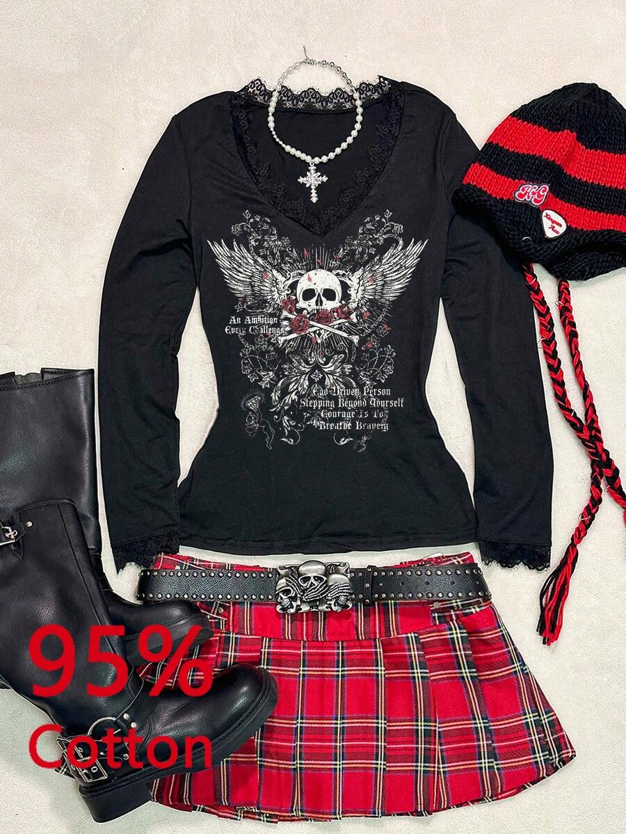 Attitoon Casual Deep V-Neck Lace Trim Fitted Long Sleeve T-Shirt, Suitable For Autumn/Winter, Skull Print, Rose Print, Suitable For Y2K, Retro Vintage - Black - View 1