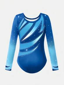 SHEIN 青少年女孩 1 件体操紧身衣，可爱长袖连体衣，舞蹈运动服，黑色弹力体操服 - 彩色 - 查看 2