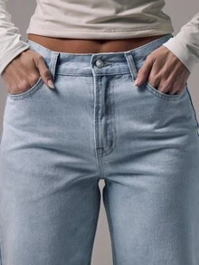 MUSERA 中腰直筒浅蓝色水洗高腰牛仔裤,休闲百搭,适合冬季、夜间外出、返校、办公、约会、经典牛仔风,春夏皆宜。 - 淺藍色 - 查看 3