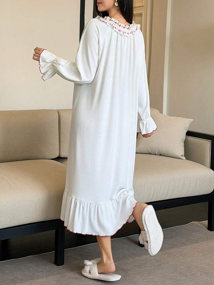 Sweet Contrast Color Bow Ruffle Trim Long Women Nightgown, Winter