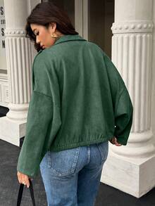 Easura Plus Size Women's Solid Color Drop Shoulder Long Sleeve Zip-Up Casual Fleece Jacket, Autumn/Winter