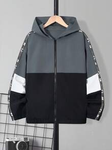 1 szt. Bluza z kapturem i zamkiem błyskawicznym, w kontrastowym kolorze, z kontrastową taśmą na rękawach, dla nastoletnich chłopców, odpowiednia na co dzień do pracy i do uprawiania sportu jesienią, w zestawie z białym T-shirtem - Wielokolorowe - Zobacz 1