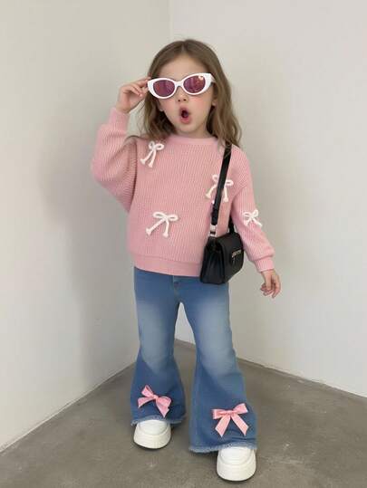 2 件套女童蝴蝶装饰毛衣和配套蝴蝶牛仔喇叭裤，甜美可爱的休闲装，秋冬