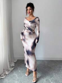 Modelyn Vestido de Manga Longa com Design Ombré Metalizado e Franzido para Mulheres - Castanho - Visão 4
