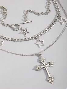 ROMWE Goth 3 件套哥特式黑色串珠、红心和红十字项链套装，万圣节礼物 - 銀色-B - 查看 5