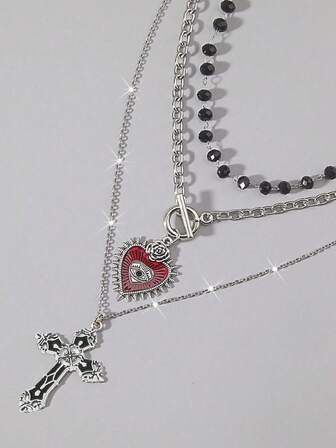 Goth 3 pezzi Set di collane stile gotico con perline nere, cuore rosso e croce rossa, regalo di Ognissanti
