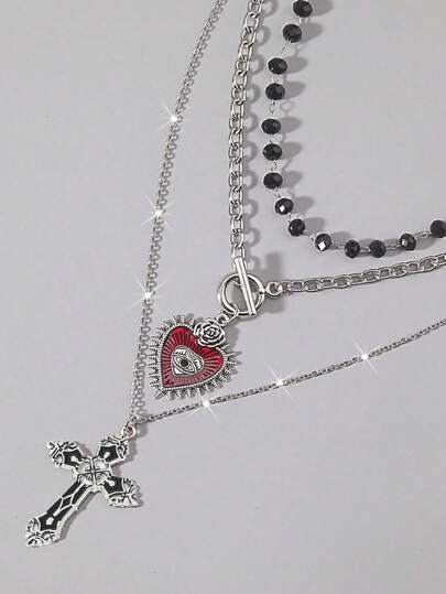 Goth 3 Stück gotischer Stil schwarze Perlen, rotes Herz & rotes Kreuz Halsketten Set, Halloween Geschenk