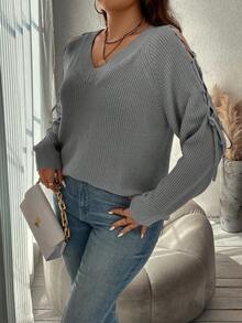 SHEIN Clasi Suéter de manga raglán con cordón para mujer de talla grande para otoño/invierno - Gris - Ver 5