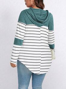 EMERY ROSE Áo thun tay dài có mũ trùm đầu kẻ sọc khối màu cỡ lớn có dây rút họa tiết dành cho nữ mùa xuân - màu xanh lá - Xem 2