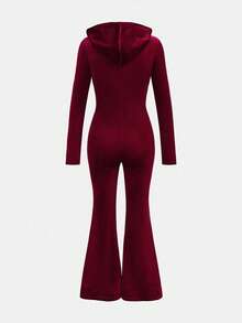 SHEIN Girlism 少女红色纯色天鹅绒优雅休闲连帽连体裤，个性化穿着，适合春季、秋季、冬季、圣诞节、春节、返校季 - 紅色 - 查看 2