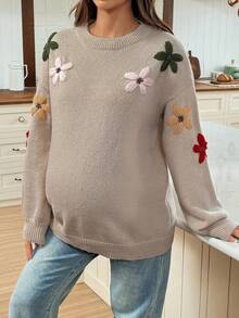 SHEIN Maternity Colorful Floral Pattern Round Neck Long Sleeve Sweater - Camel - View 5