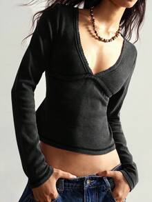 Bohemela Women's Casual Solid Color V-Neck Lace Patchwork Long Sleeve T-Shirt