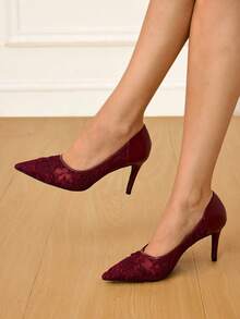 CUCCOO HITCHD 女士尖头细高跟酒红色蕾丝网眼婚礼派对性感优雅高跟鞋 - 酒紅色 - 查看 3