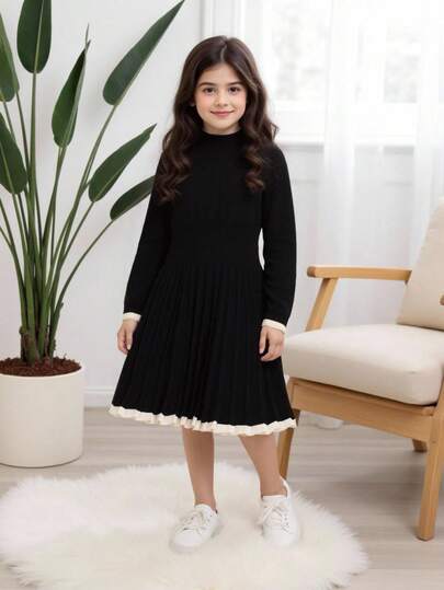 SHEIN Girls (Big Tween Girl) New Autumn/Winter Minimalist High-End Long Sleeve Pleated Knit Dress, Hem & Cuffs With Subtle Contrast Color, Fashionable & Versatile Knitted Dress Teen Girls Full Sleeve Dress Black Dress For Girls Black Knit Dress For Girls Black Dress For Tweens Modest Tween Dress