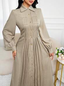 Al Najma 女式优雅简约前扣束腰连衣裙，秋季 - 淺灰色 - 查看 5