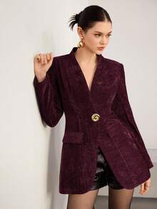 Heiryn 女士时尚优雅单扣长袖西装外套秋冬女装 - 酒紅色 - 查看 4