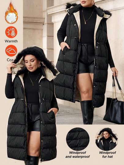 SHEIN Clasi Chaqueta de invierno con capucha de peluche, de un solo pecho, con cordón en la cintura, para mujer de talla grande. Chaleco acolchado de talla grande para mujer. Chaleco de invierno de talla grande para mujer. Chaleco largo acolchado para mujer de talla grande